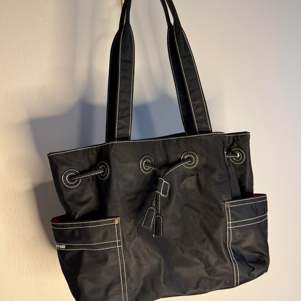 Vintage Tommy Hilfiger Black Nylon Tote Bag Contrast Stitching Shoulder Bag